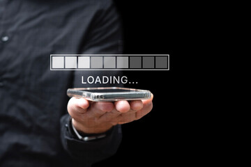 Man holding a smartphone with a digital loading bar and progress indicator overlay. Concept of internet connection, data transfer, mobile technology and digital transformation.