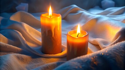 Glowing yellow candles burn brightly on a Christmas tree, their warm light illuminating the darkness