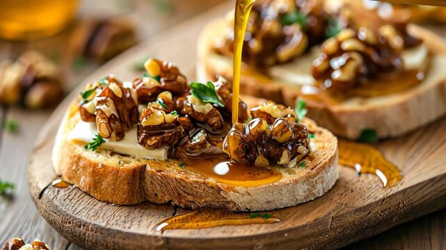 Bruschetta with camembert with honey and nuts. Selective focus. Food.