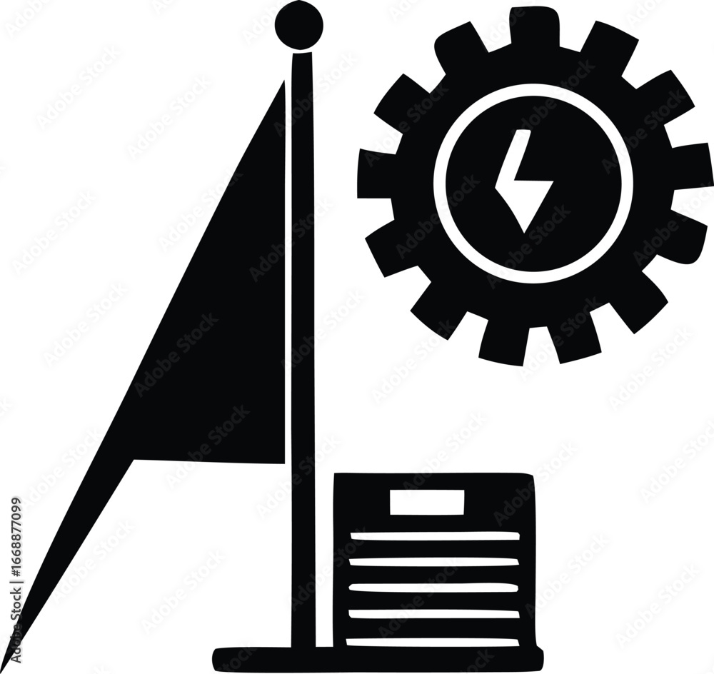 Poster Black silhouette of flagpole with flag next to cogwheel gear featuring lightning bolt symbol and rectangular object with lines