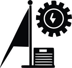 Black silhouette of flagpole with flag next to cogwheel gear featuring lightning bolt symbol and rectangular object with lines