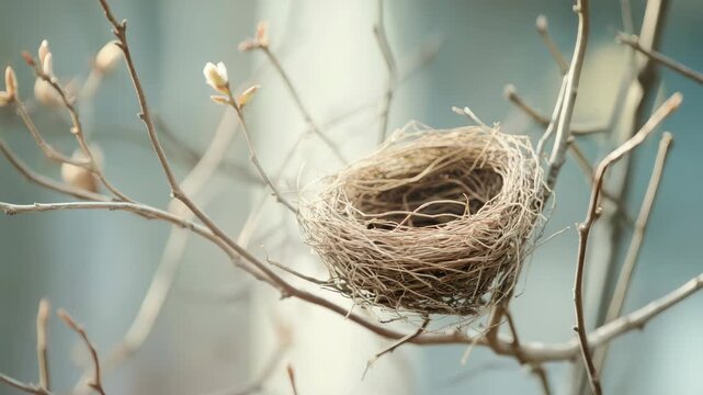 Bird's nest rests delicately on tree branches with budding leaves