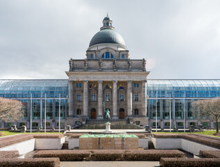 The Bavarian State Chancellery (Bayerische Staatskanzlei) in Munich, Germany. A blend of classical dome architecture and modern glass extensions, serving as a major government landmark.