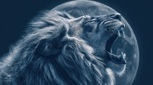 Roaring lion under a full moon against a dark background, side profile, blue tint