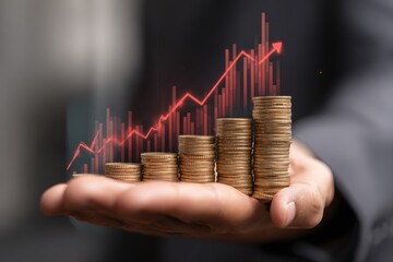 Hands hold rising coin stacks overlaid with a red and orange upward-trending financial graph, symbolizing growth and investment success