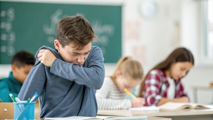 Schoolboy Coughing in Classroom During Lesson