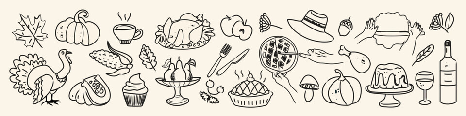 Autumn food icon set with hand drawn doodles for Thanksgiving and harvest celebrations. Pumpkins, turkey, pie, and festive fall elements for holiday designs.