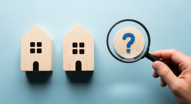 A hand holding a magnifying glass over a question mark with wooden house models