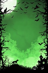 Fototapeta premium Silhouette halloween scene with cat bats dog pumpkins and haunted house on a green background