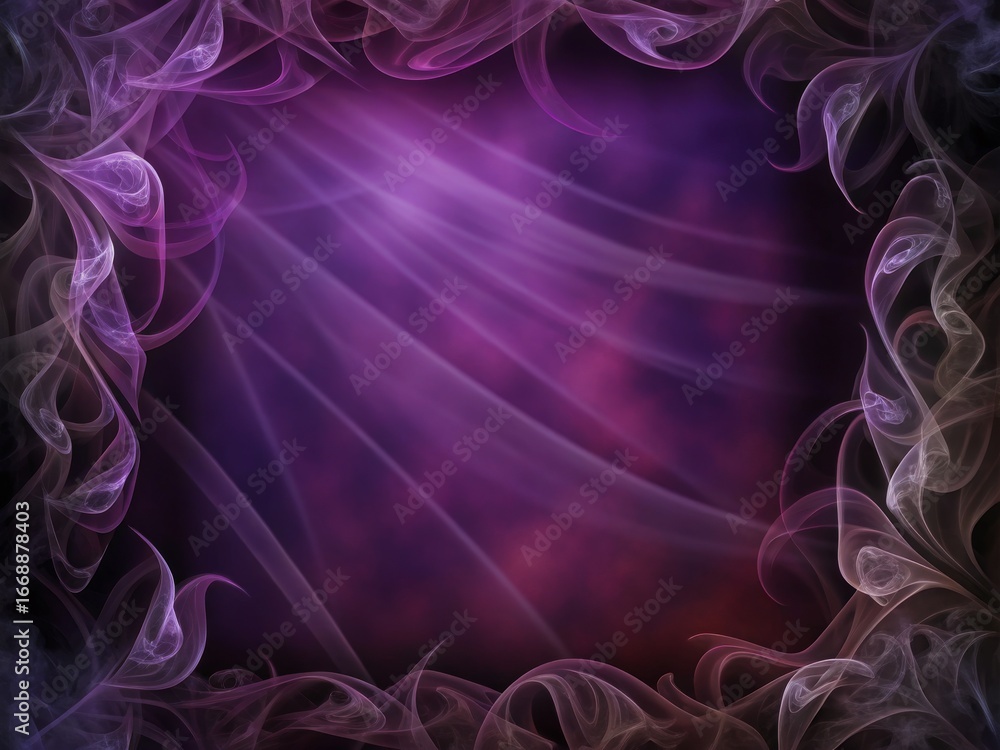Poster A purple background with light rays and a smoky frame around the edges of the image design effect