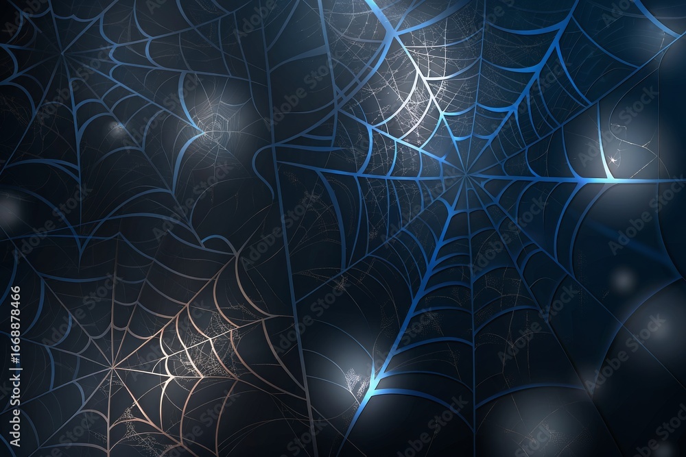 Poster an abstract background featuring multiple spiderwebs in shades of blue and white on a dark backdrop