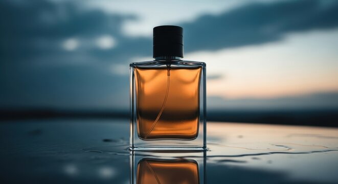 Elegant Perfume Bottle Reflecting the Evening Sky