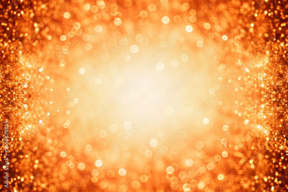 Poster a bright orange and white bokeh background with glittering light particles scattered throughout the 