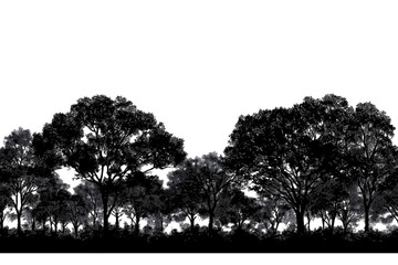 Continuous horizontal tree crowns creating seamless repeating pattern layered canopy texture with overlapping foliage tileable forest skyline border black silh.