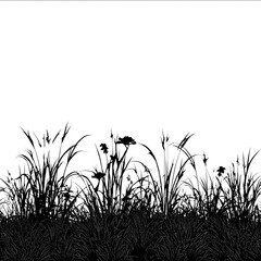 A silhouette of long grass tropical forward facing perspective realistic against white include various tropical trees in the foreground and background that are.