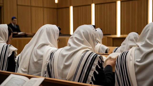 Orthodox Jewish Congregation Dressed in Traditional Attire Praying in a Temple with Wood Paneled Walls Under Warm Lighting