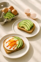 Fresh avocado toast with eggs on plates in sunlit kitchen setting