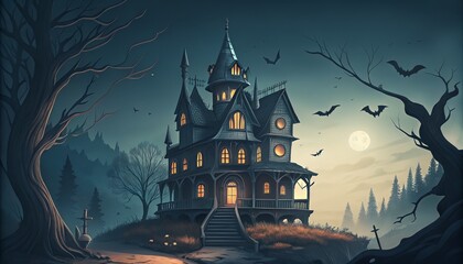 A spooky mansion illuminated by moonlight with bats flying in the night sky and bare trees around