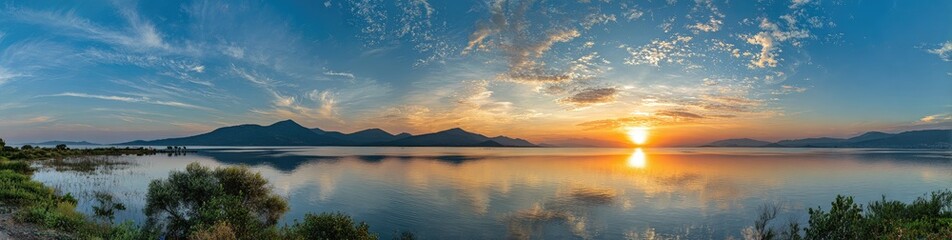 Panoramic sunset over calm lake with distant mountains, reflecting in still water, under a partly cloudy sky; vegetation at foreground