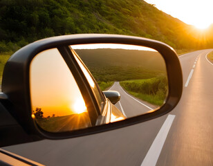 Fototapeta premium the rear view mirror of a car on the side of the road with the sun reflecting in the rear view miror. travel concept, car driving on the road