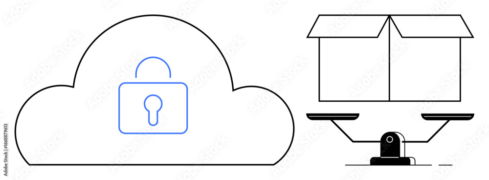 Poster cloud with a lock symbolizing data security, box on a balance scale representing fairness, equality,