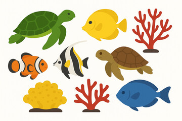Fototapeta premium Brazilian reef icon collection sea turtles colorful reef life and corals on white background