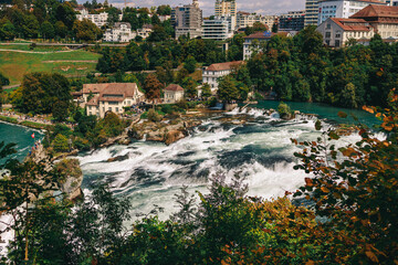 Majestic view of Rhine Falls, the largest waterfall in Europe, located near Schaffhausen in...
