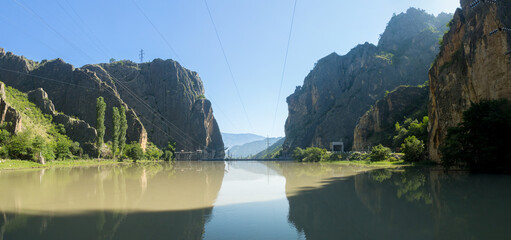 Mountain landscape, mountain lakes, mirror and blue sky