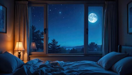Dark, starlit night sky visible through a bedroom window, moonlight illuminating a portion of the ceiling Perfect for relaxation, sleep, or astronomy themes , constellations, night