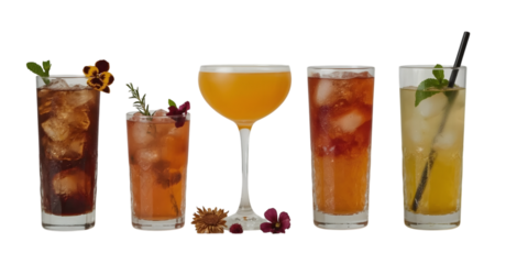 Cocktail Array: A captivating composition of five distinct cocktails, each garnished to perfection and beautifully lit, showcasing a symphony of flavors and colors.