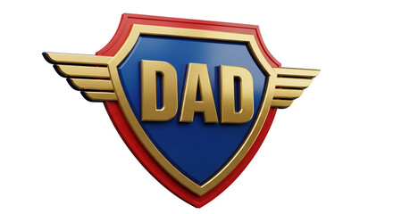 Bold 'DAD' superhero shield with golden wings, a powerful emblem for Father's Day cards, dad's birthday gifts, family appreciation events, and social media campaigns,