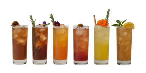 A Symphony of Sips: A vibrant array of meticulously crafted cocktails, each adorned with a unique garnish. The scene captures the essence of refreshment and the art of mixology.