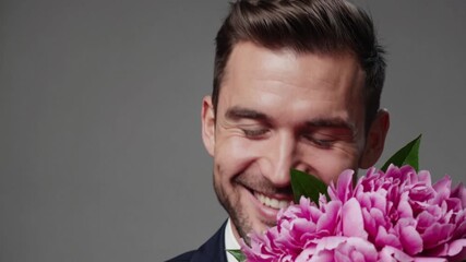 Man Holding a Romantic Bouquet of Flowers, Ideal for Emotional Social Media Campaigns or Heartfelt Website Banners Inspires Sentiment and Intimacy.