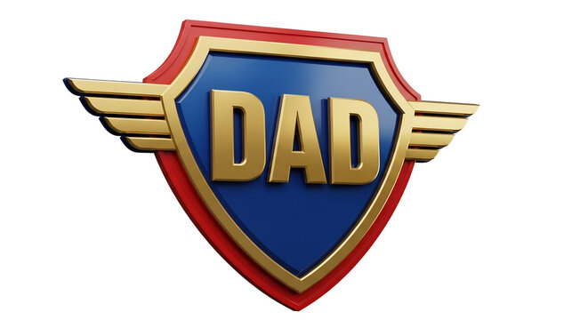 Bold 'DAD' superhero shield with golden wings, a powerful emblem for Father's Day cards, dad's birthday gifts, family appreciation events, and social media campaigns,