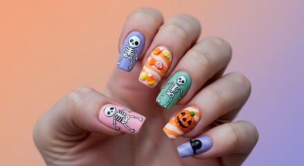 Halloween Nail Art with Skeletons and Pumpkins.