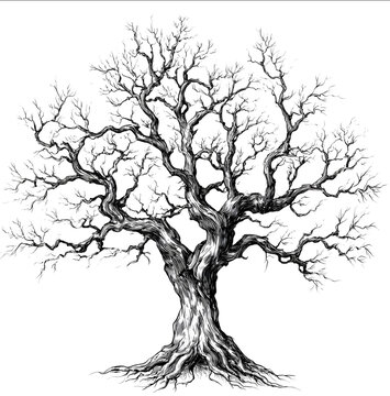 Vector graphics a vector drawing of an old tree with many branches and roots on a white background in black ink in the style of vector art a simple design wit.