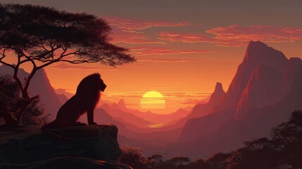 A majestic lion sits silhouetted against a vibrant sunset over a mountainous valley, a solitary figure contemplating the fiery landscape
