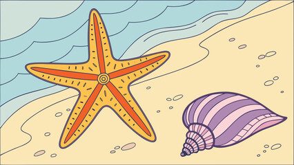 A starfish and a seashell on a sandy beach with gentle waves in the background in cartoon style
