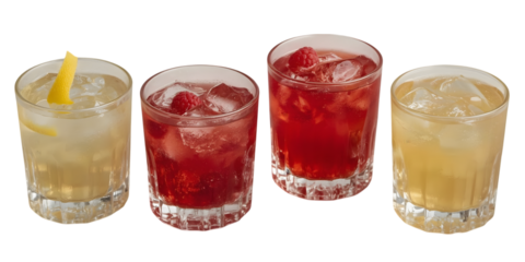 Cocktail Variety in Crystal Glassware: An eye-level shot of a sophisticated quartet of cocktails, each presented in elegant crystal glassware, showcasing a diverse selection of vibrant flavors.