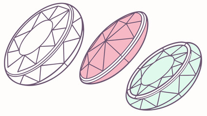 A set of three isometric gems with triangular facets in outline, pink, and green color schemes