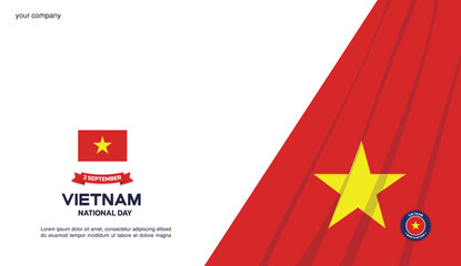 vietnam Independence Day Design, minimalist template of 2 september design elements with waving curtain on the right, vietnam map and flag in poster and banner form	
