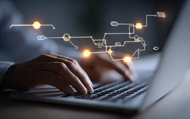 Close-up of hands typing on a laptop, with a glowing digital network overlay suggesting data flow and connectivity