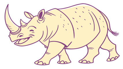 Cartoon style illustration of a smiling rhinoceros with a large horn walking to the left