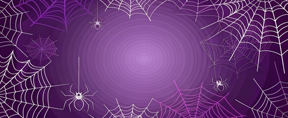 Purple background with white spiderwebs and spiders hanging down for halloween decoration or party invitation