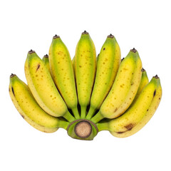A bunch of yellow bananas with brown spots on a white background in a studio setting close up view