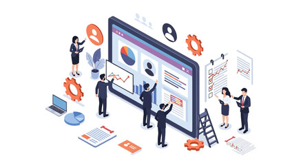 Isometric 3D view of business professionals analyzing charts, reports, and data dashboards on a giant tablet, symbolizing teamwork, analytics, and corporate digital strategy