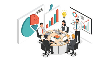 Isometric 3D view of business team meeting with laptops and charts, analyzing data and planning strategy, ideal for concepts of teamwork, productivity, growth, and corporate success