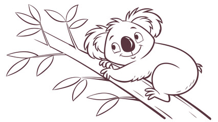 A cute koala bear clinging to a tree branch with leaves in a cartoon style outline drawing for coloring page