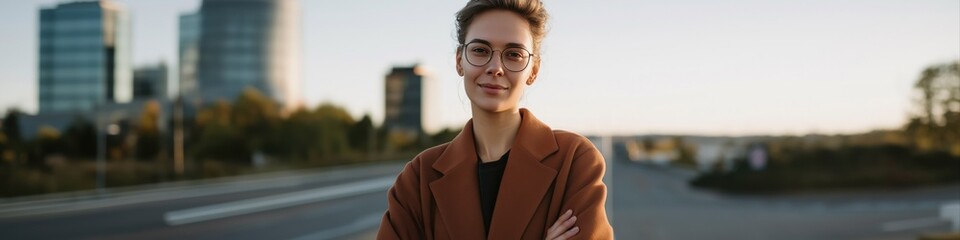 Confident young caucasian female in brown coat standing outdoors in urban setting