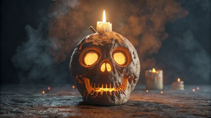 A skull with glowing eyes and a candle on top surrounded by smoke in a dark halloween setting